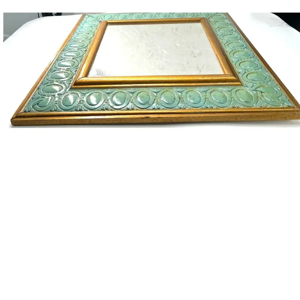 70's vintage rectangular wall mirror mint green verdigris embossed wooden frame